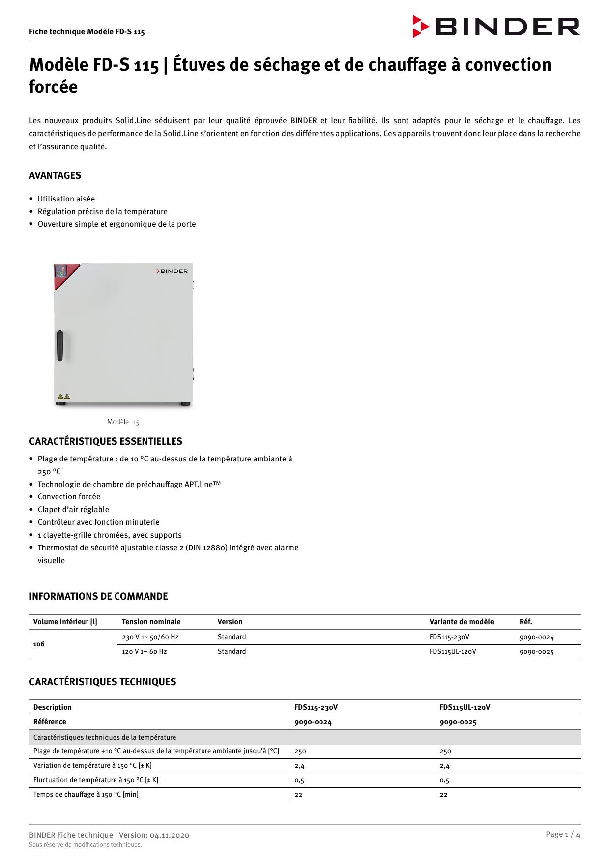 Binder FDS 115 Étuves de séchage et de chauffage Fiche technique