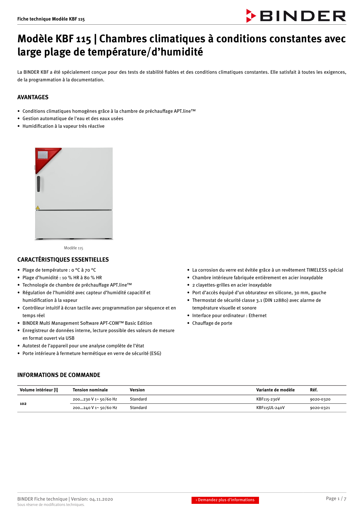 Binder KBF 115 Chambres climatiques à conditions constante Fiche