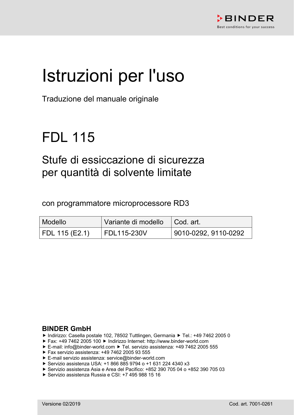 Binder FDL 115 Stufe di essiccazione di sicurezza Istruzioni per l'uso