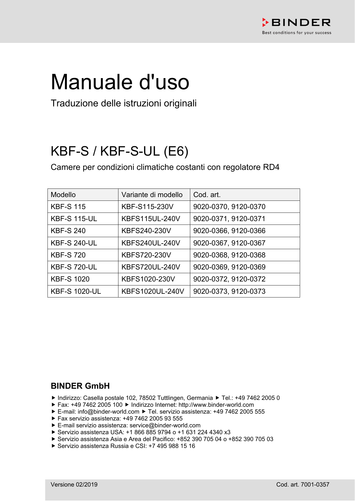 Binder KBFS 720 Camere climatiche per test di stabilità Istruzioni per