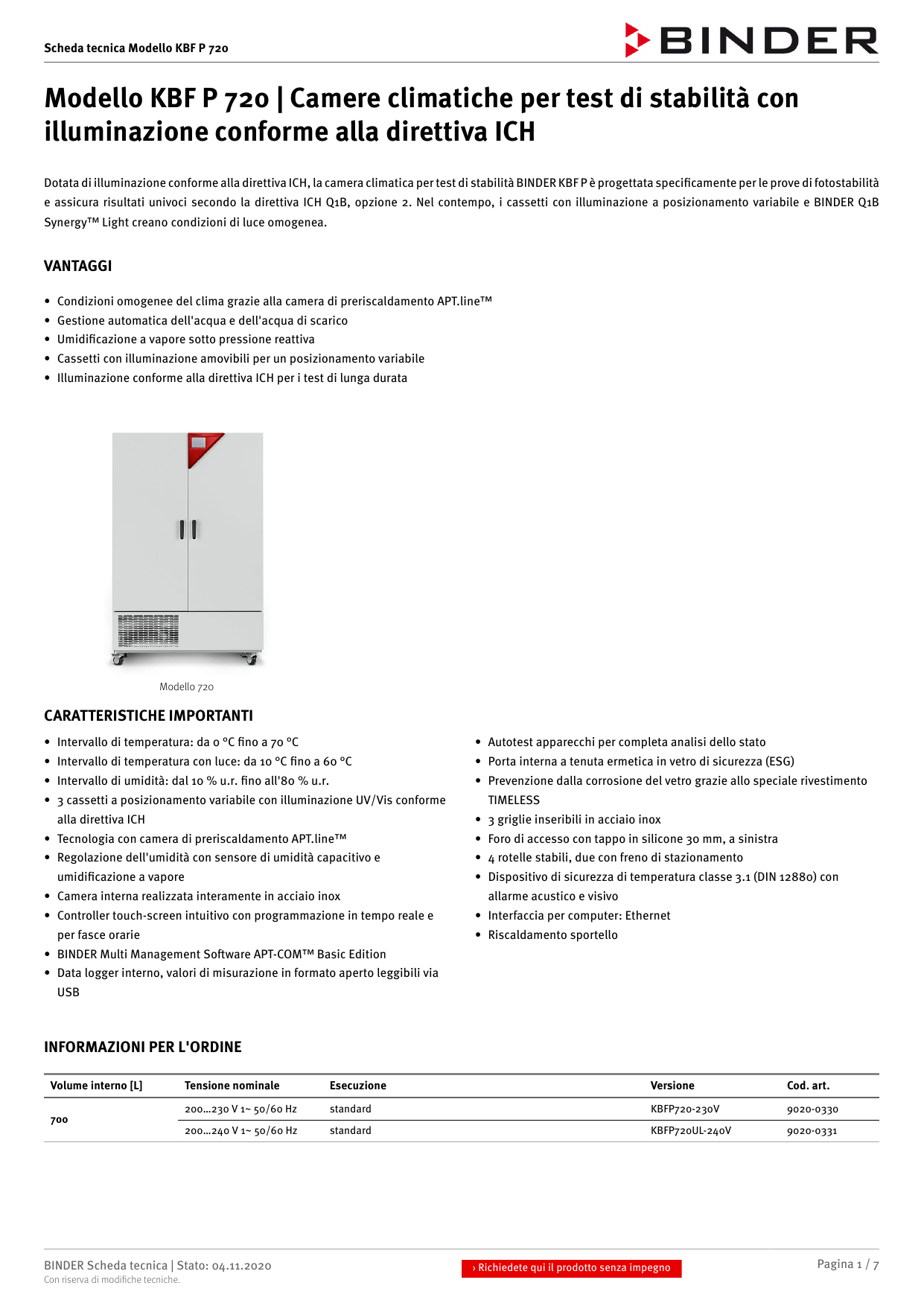 Binder KBF P 720 Camere climatiche per test di stabilità Scheda dati