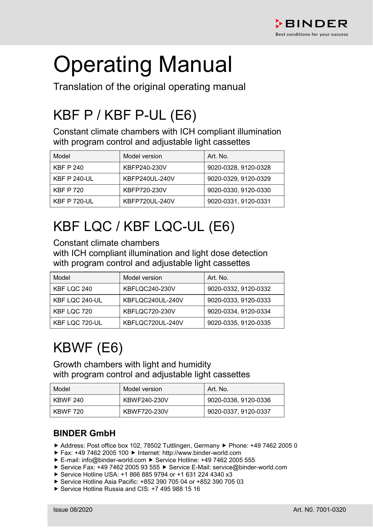Binder KBWF 240, KBWF 720, KBF LQC 720, KBF LQC 240, KBF P 720, KBF P