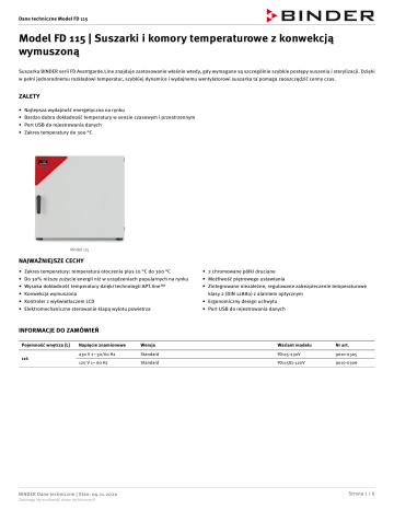 Binder FD 115 Suszarki i komory temperaturowe Karta katalogowa | Manualzz