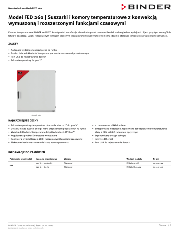 Binder FED 260 Suszarki i komory temperaturowe Karta katalogowa | Manualzz