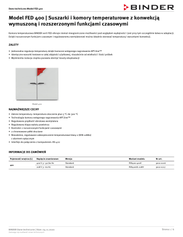 Binder FED 400 Suszarki i komory temperaturowe Karta katalogowa | Manualzz