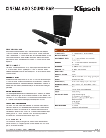 Klipsch Cinema 600 Specification | Manualzz