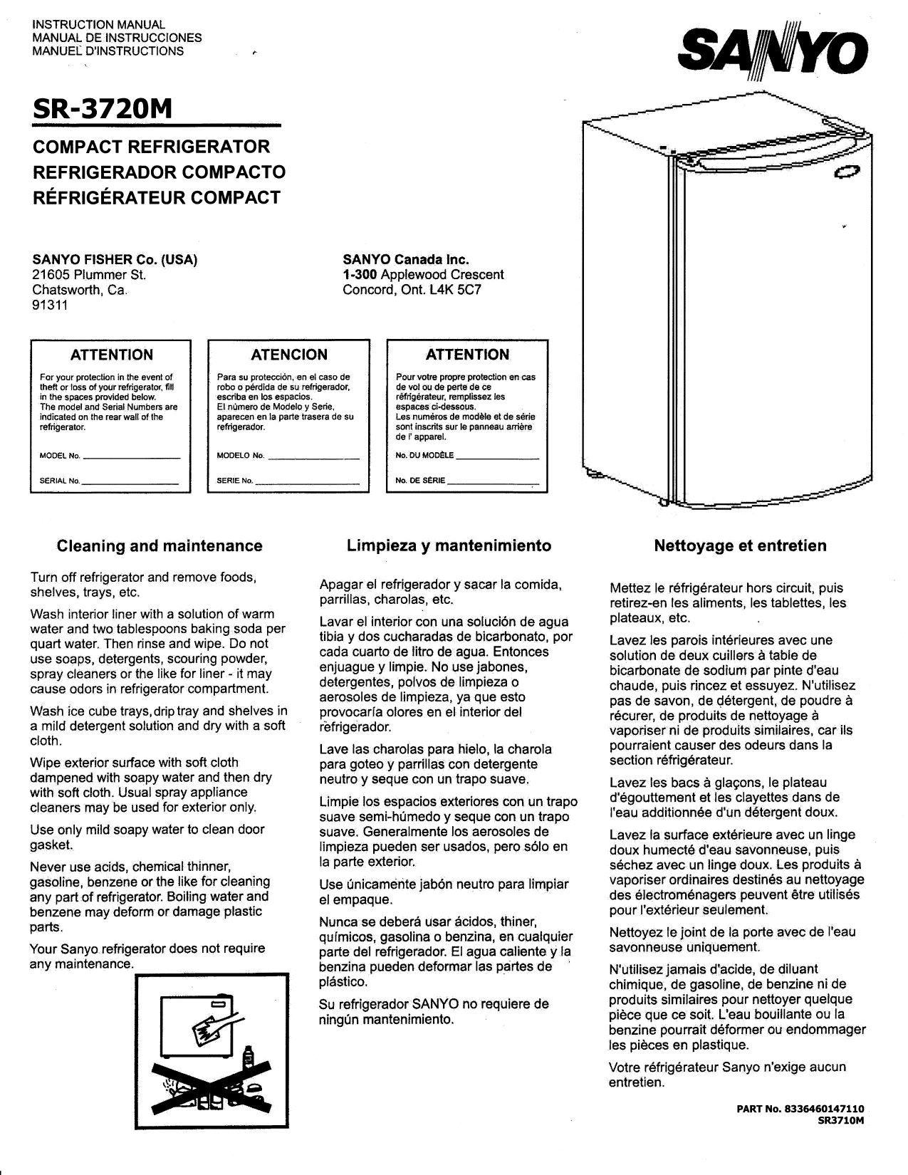 Sanyo SR3720M CounterHigh Refrigerator User manual Manualzz