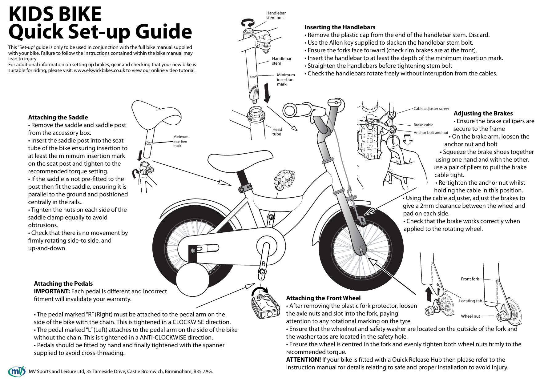 Townsend Spyda 16 inch Wheel Size Kids Bike Instruction Manual