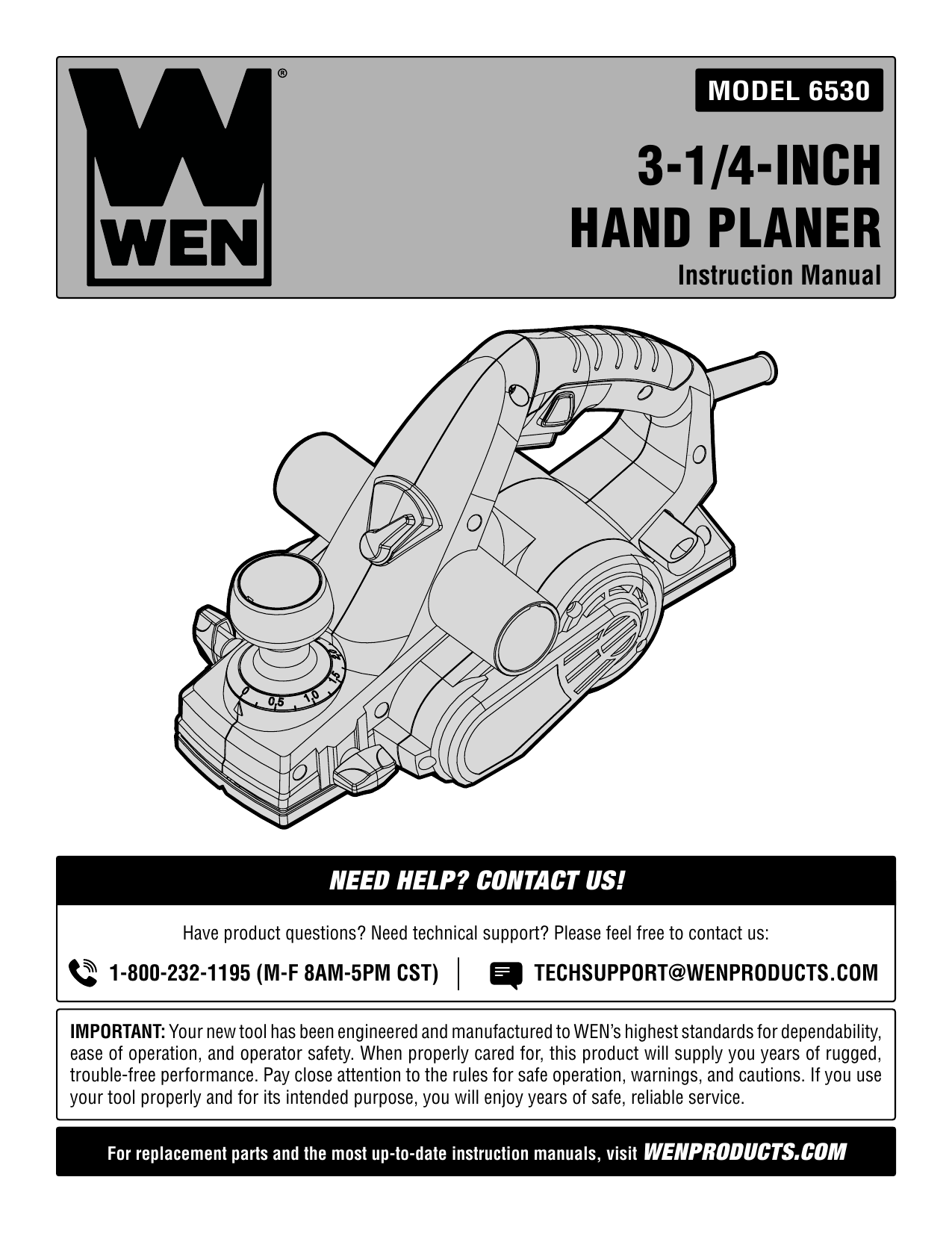 WEN 6530 31/4 in. 6 Amp Corded Hand Planer Manual Manualzz
