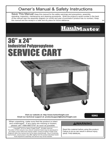 Haul-Master 92862 24 In. x 36 In. Polypropylene Industrial Service Cart Owner's Manual | Manualzz