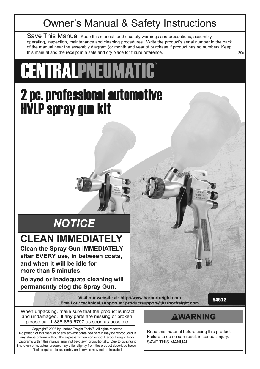 Central Pneumatic 94572 Automotive HVLP Air Spray Gun Kit, 2 Pc. Owner
