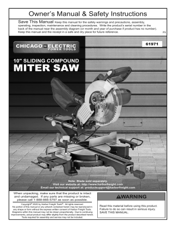 Chicago Electric 61971 10 in. Sliding Compound Miter Saw Owner's Manual ...