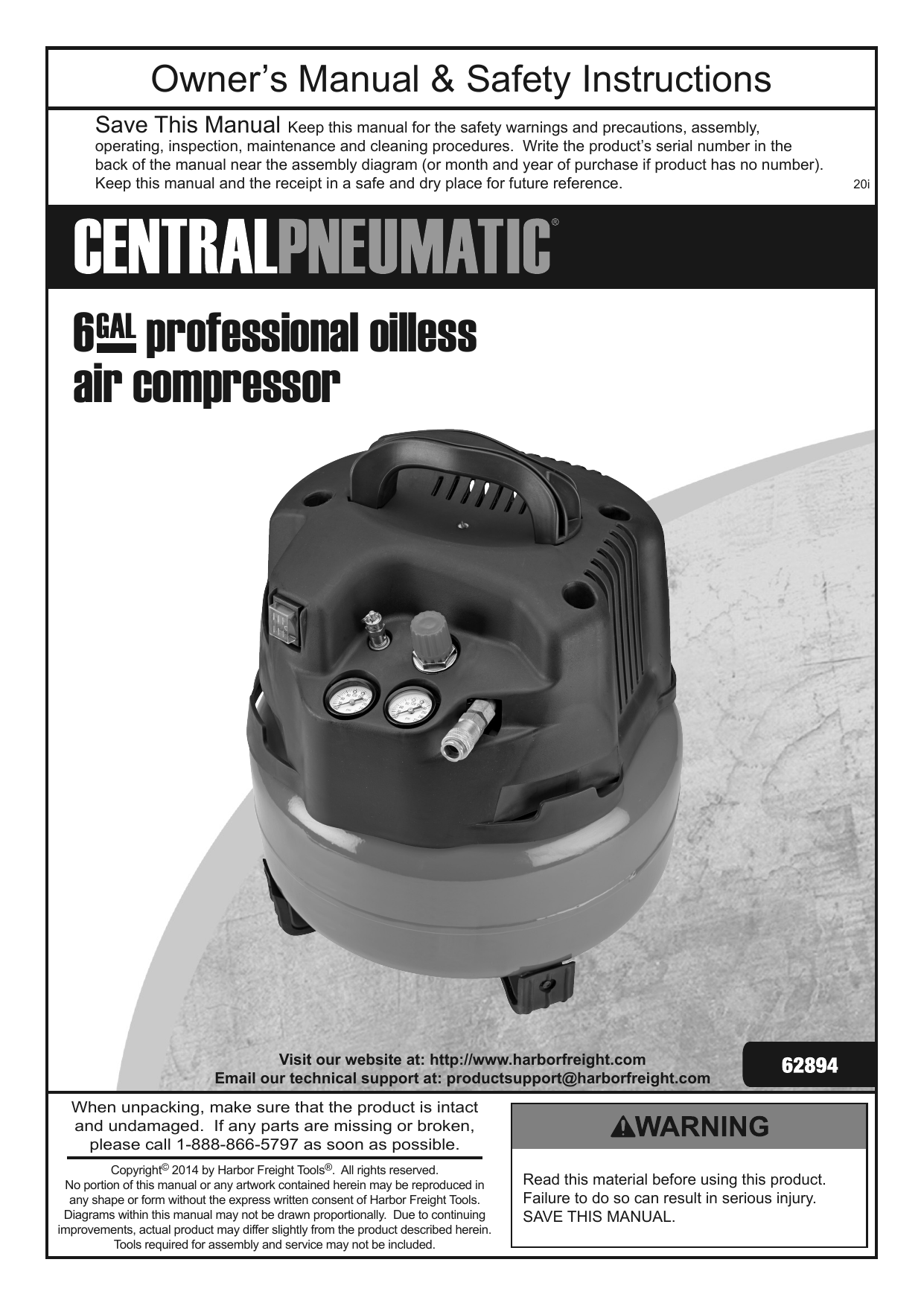 Central Pneumatic 62894 6 gallon 1.5 HP 150 PSI Air Compressor Owner's  Manual