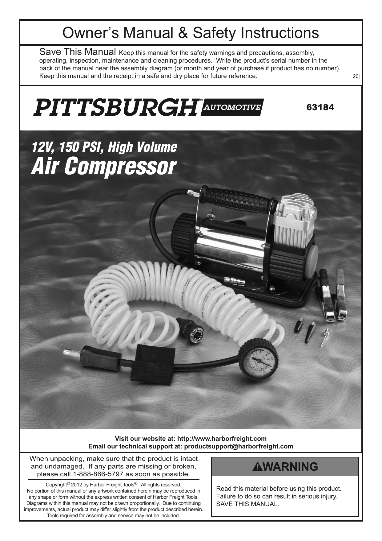 Pittsburgh Automotive 63184 12v 150 PSI Compact Air Compressor Owner's Manual Manualzz
