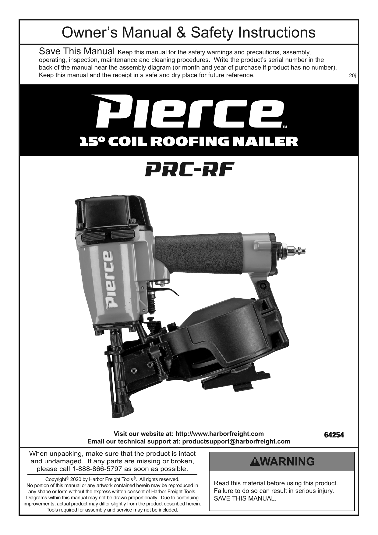 Pierce 64254 15° Coil Roofing Nailer Owner's Manual Manualzz
