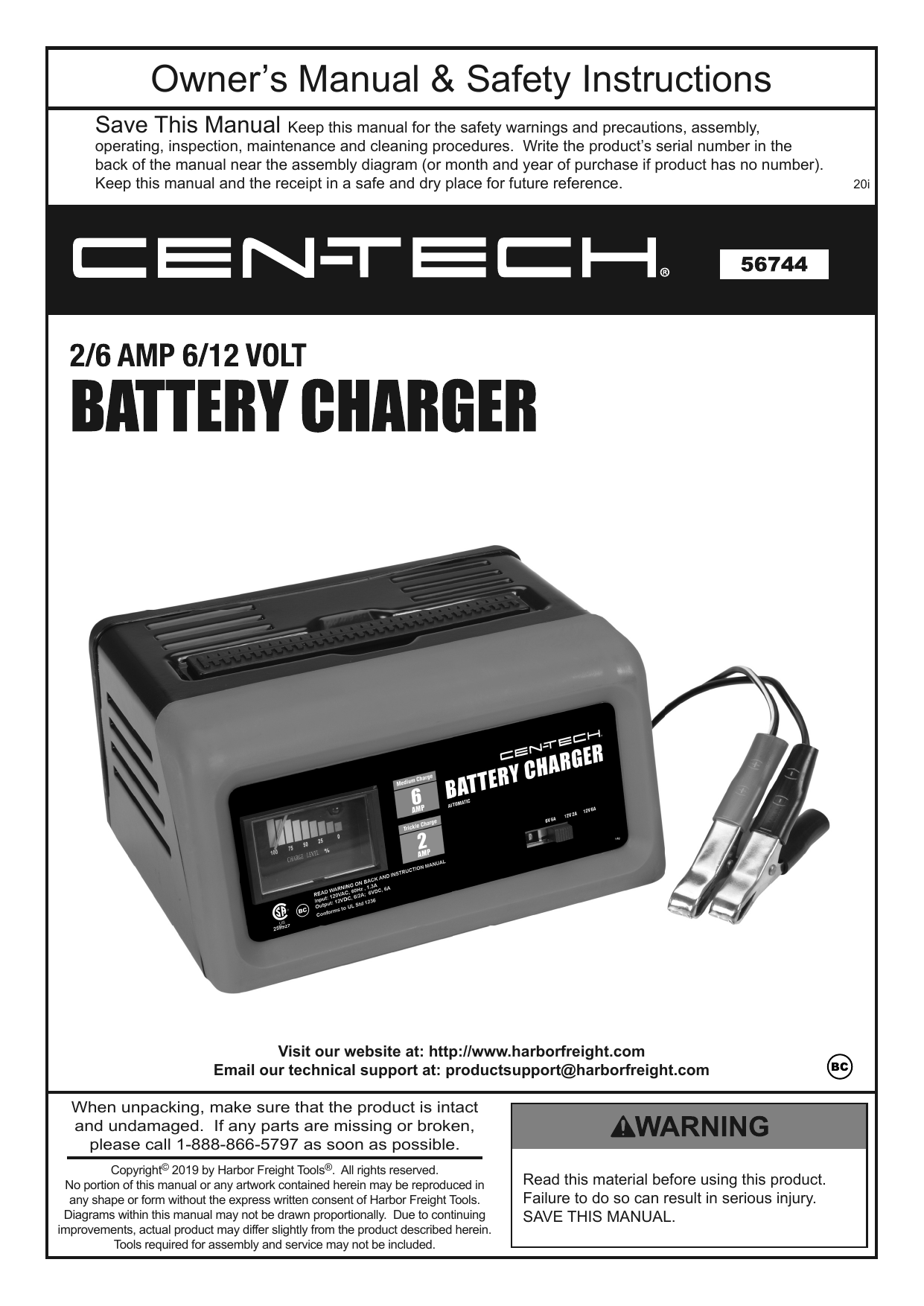 Cen-Tech 56744 2/6A, 6/12v Manual Charger Owner's Manual | Manualzz