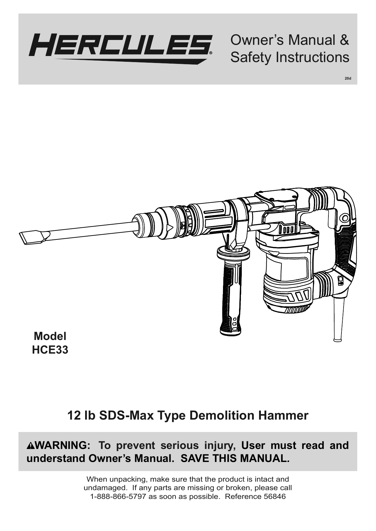NEW No box SDS Max-Type Demo Hammer Demolition HCE33 Corded Hercules 12 Lb 