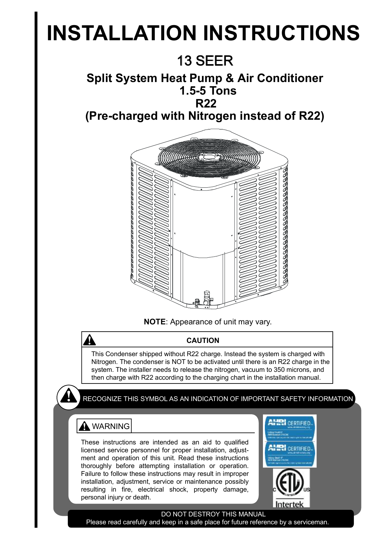 Ameristar Heating & Cooling M2HP3036A1000A M2HP3 Series 3 Ton 13 SEER ...