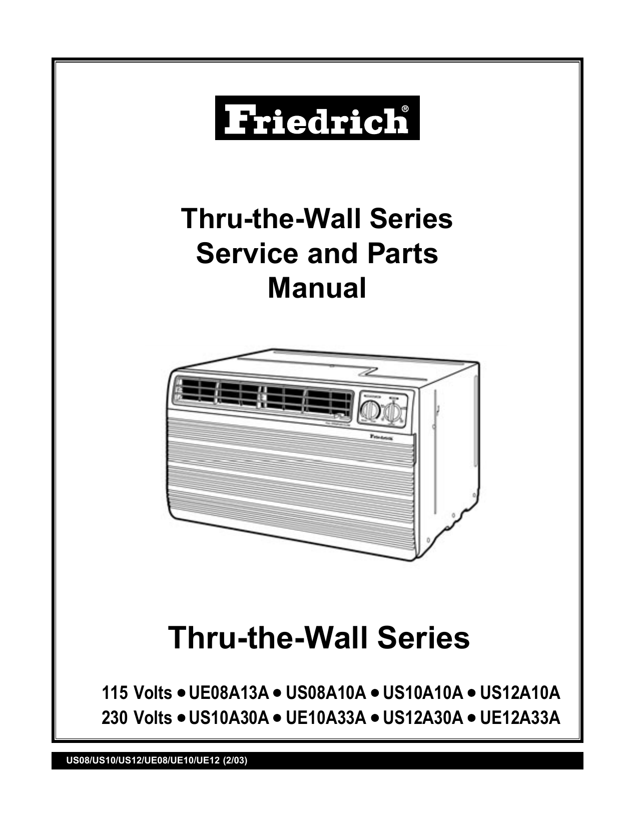 Friedrich US12A30A Air Conditioner Owner's Manual Manualzz