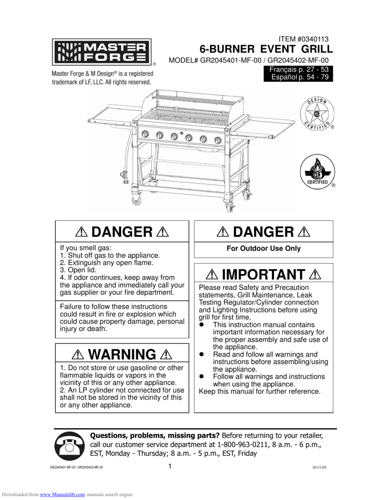 Master Forge Gr2045401-mf-00 Owner's Manual 