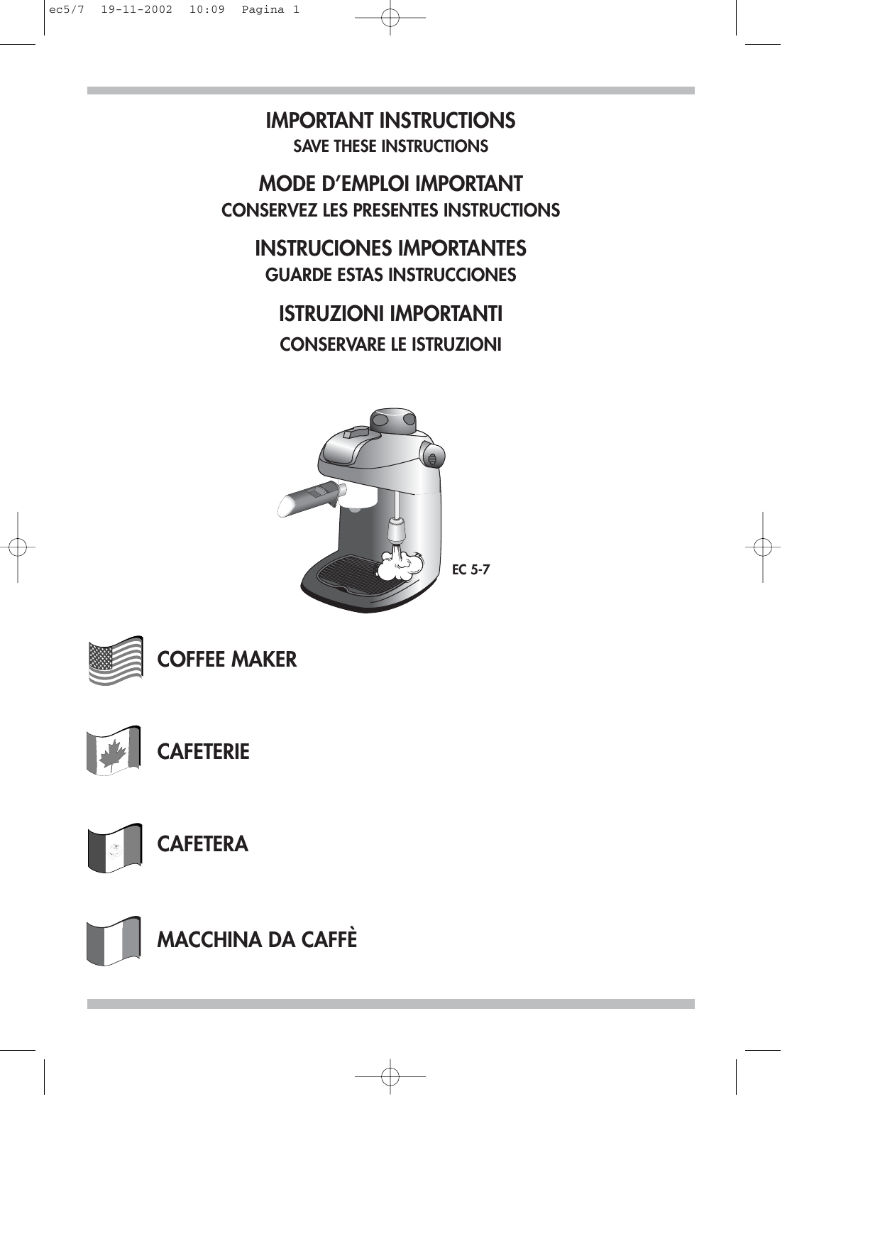 Delonghi EC5 Coffee Maker Owner's 