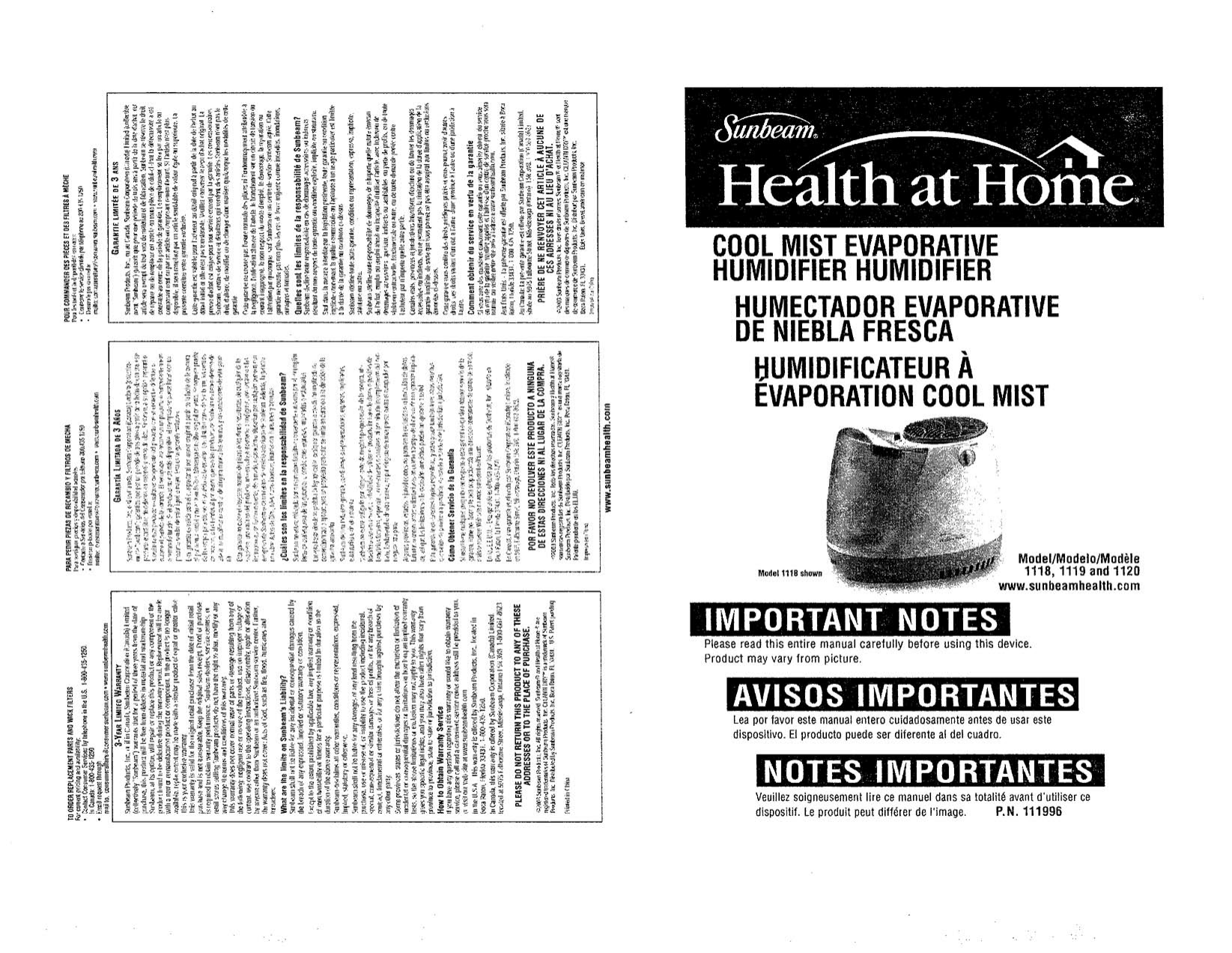 Sunbeam 1119 Humidifier Manuel Du Proprietaire Manualzz