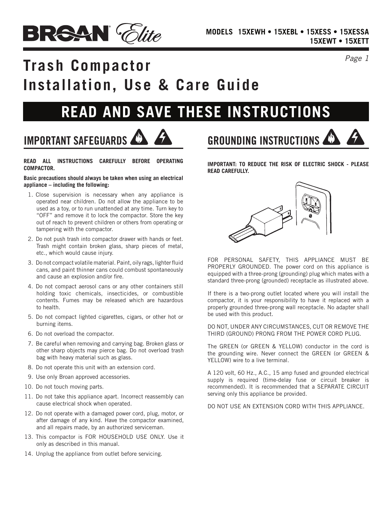 Broan 15XESS Trash Compactor Installation Guide Manualzz