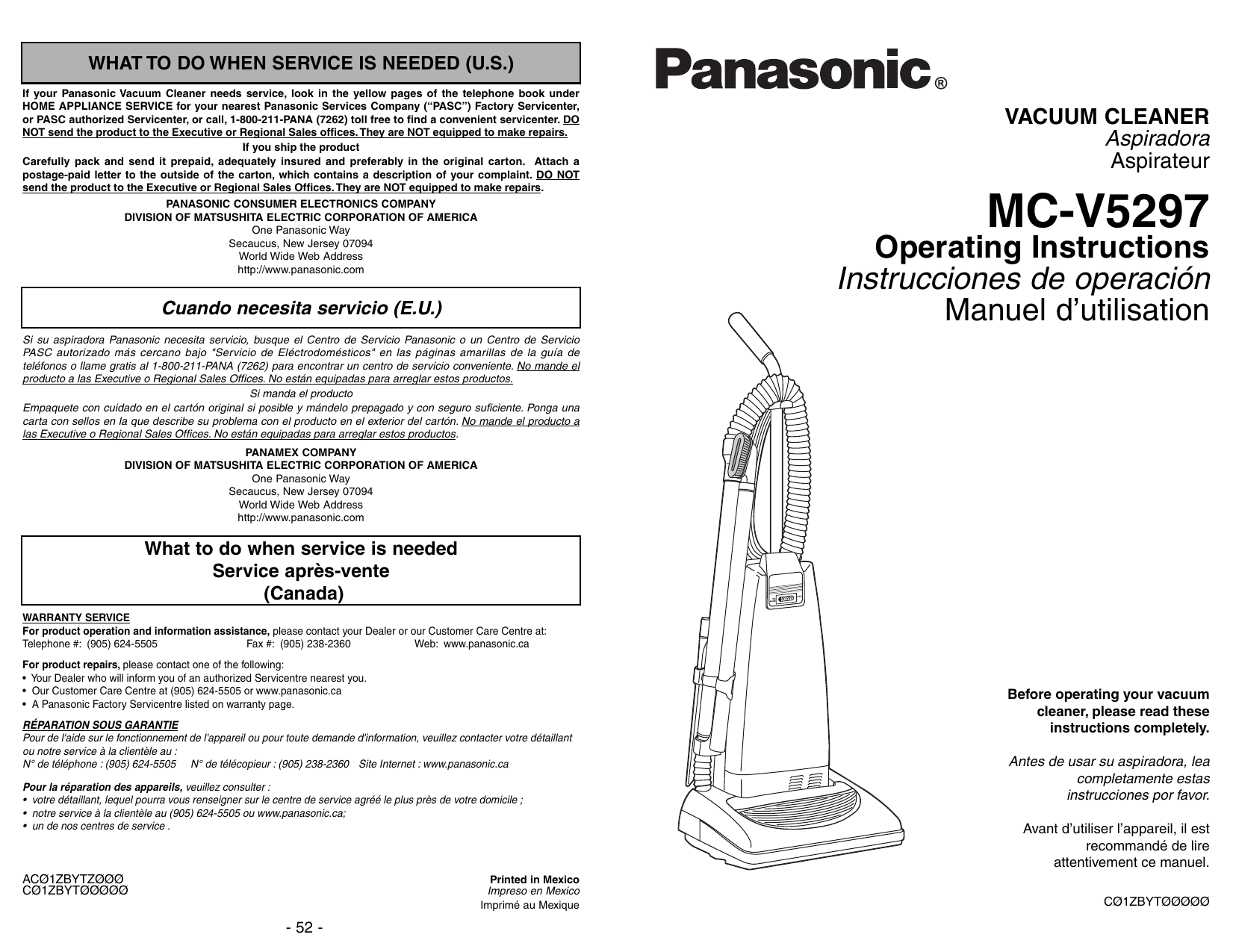 Panasonic MCV5297 Vacuum Cleaner Owner's Manual Manualzz