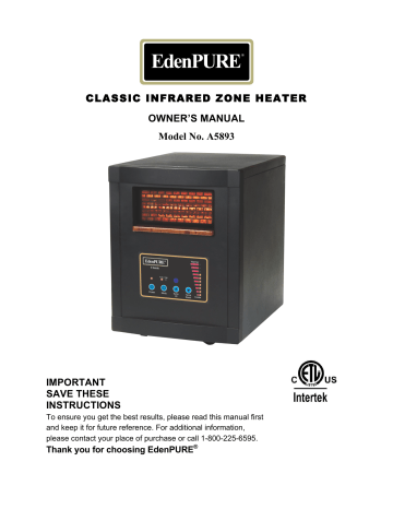 Edenpure Classic Infrared A5893 Heater Product Manual | Manualzz