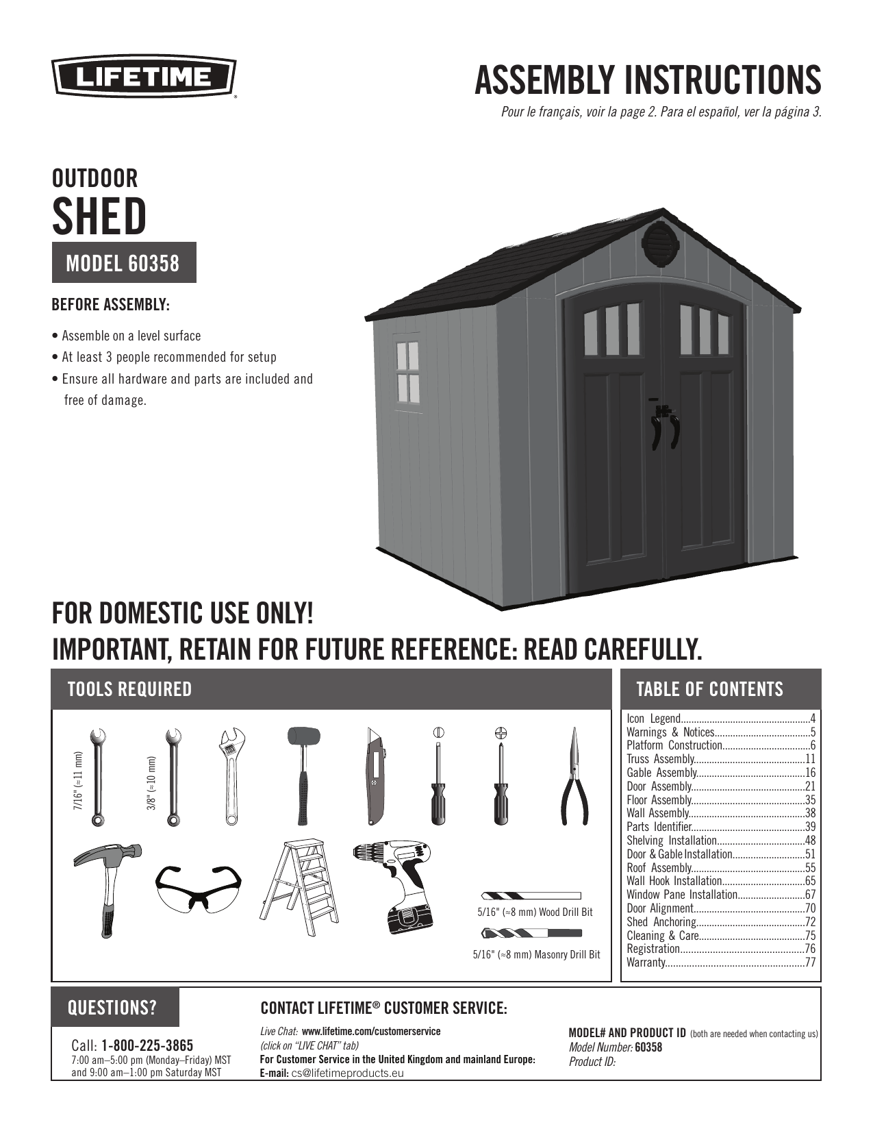 Lifetime 60358 8 Ft. x 7.5 Ft. Outdoor Storage Shed Owner's Manual