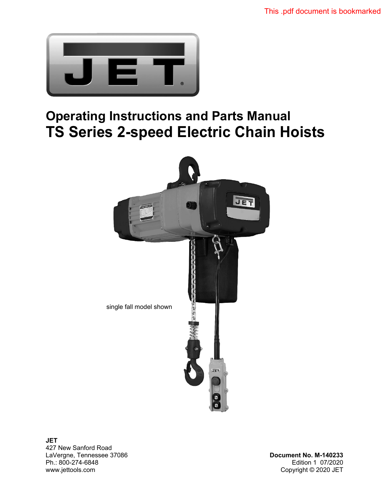 Jet TS200230020 2Ton Two Speed Electric Chain Hoist 3Phase 20' Lift