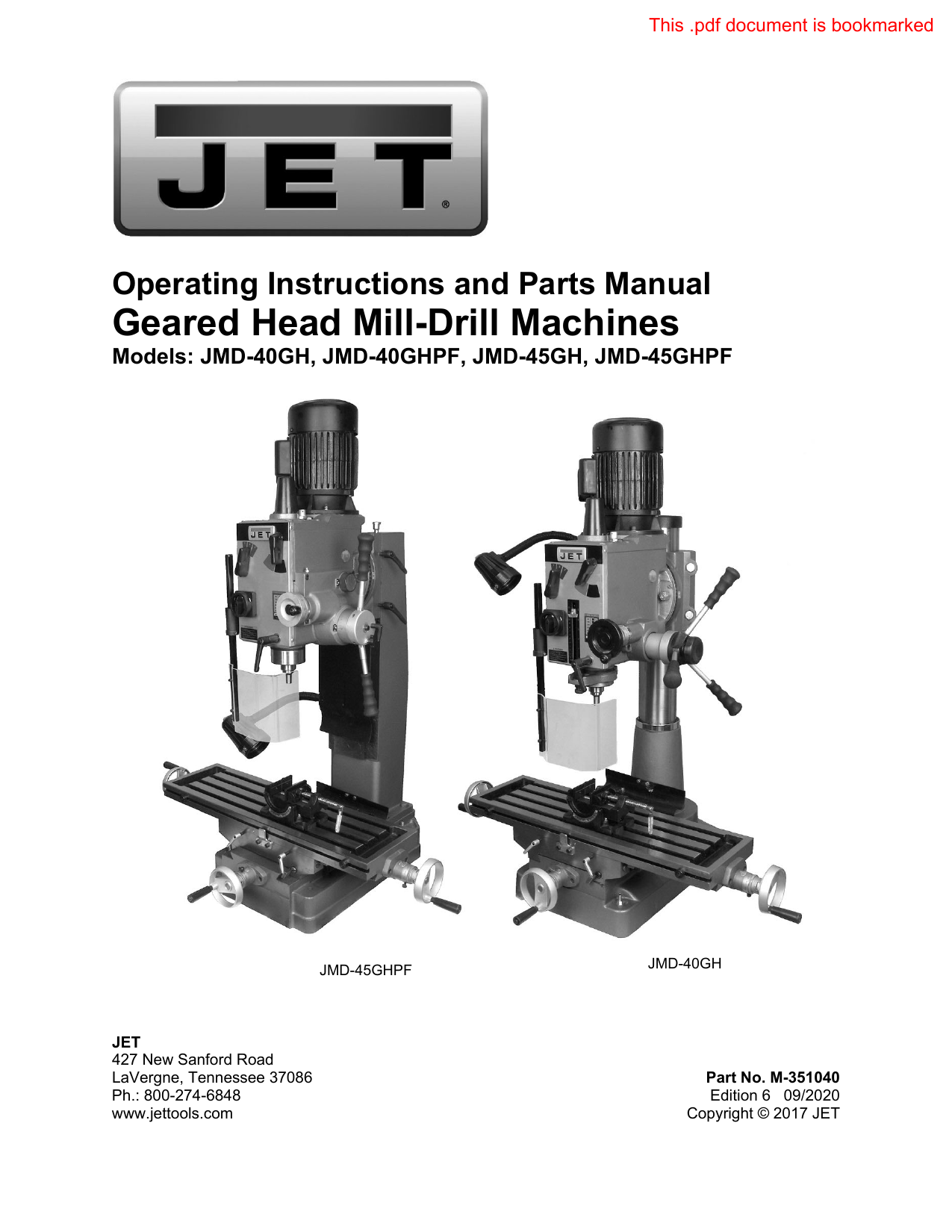 Jet JMD40GH Geared Head Mill/Drill Owner Manual Manualzz
