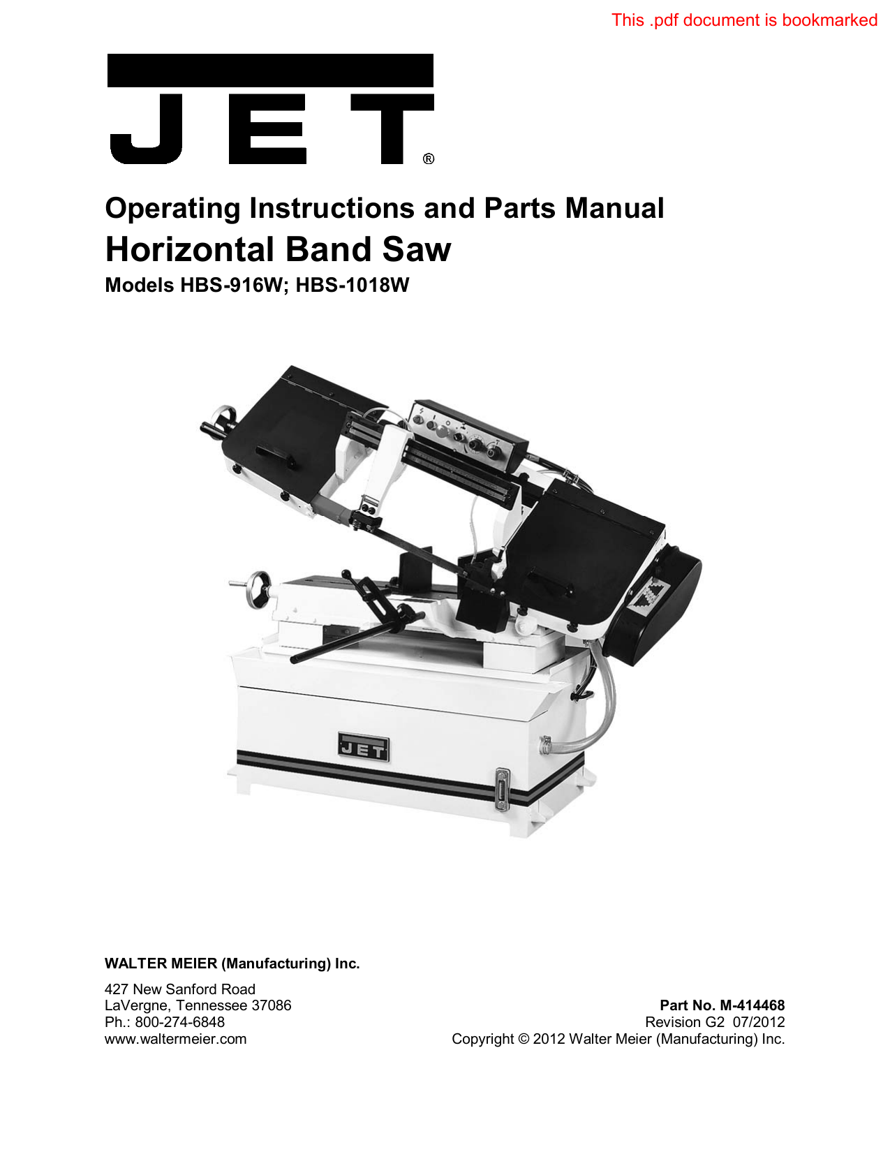 Jet HBS1018W 10" x 18" Horizontal Bandsaw Owner Manual Manualzz