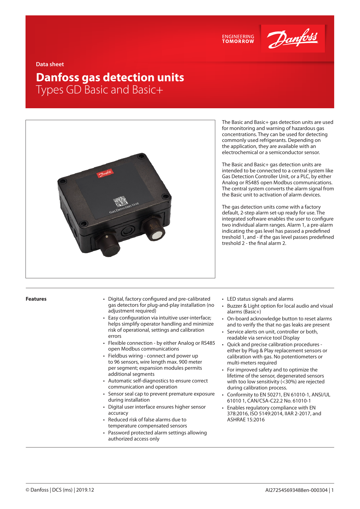 Danfoss gas detection units Types GD Basic and Basic+ Data Sheet