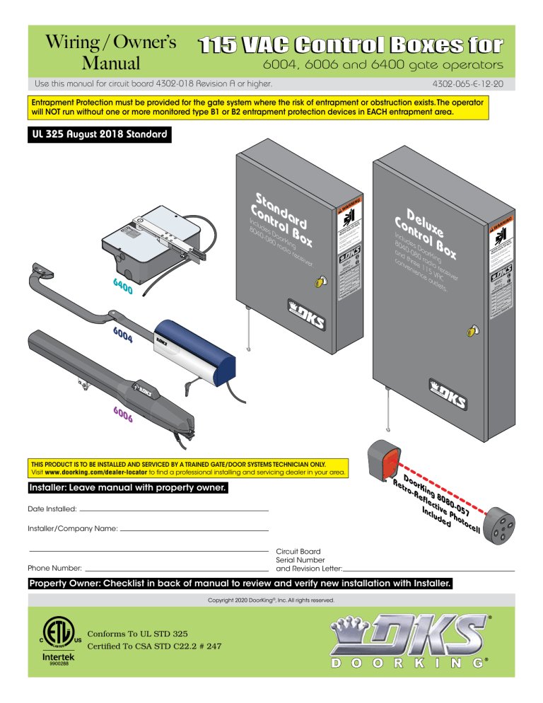 DKS 6004 / 6006 / 6400/ 115V Control Box 4/20 - present User manual