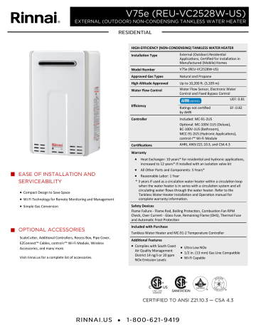 Rinnai REU-VC2528W-US-P Specification Sheet | Manualzz