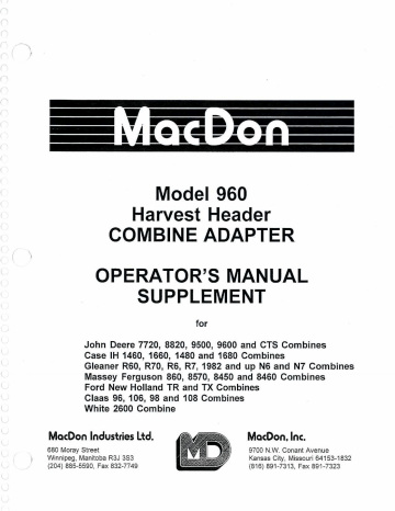 MacDon 960 Harvest Combine Header Manual | Manualzz