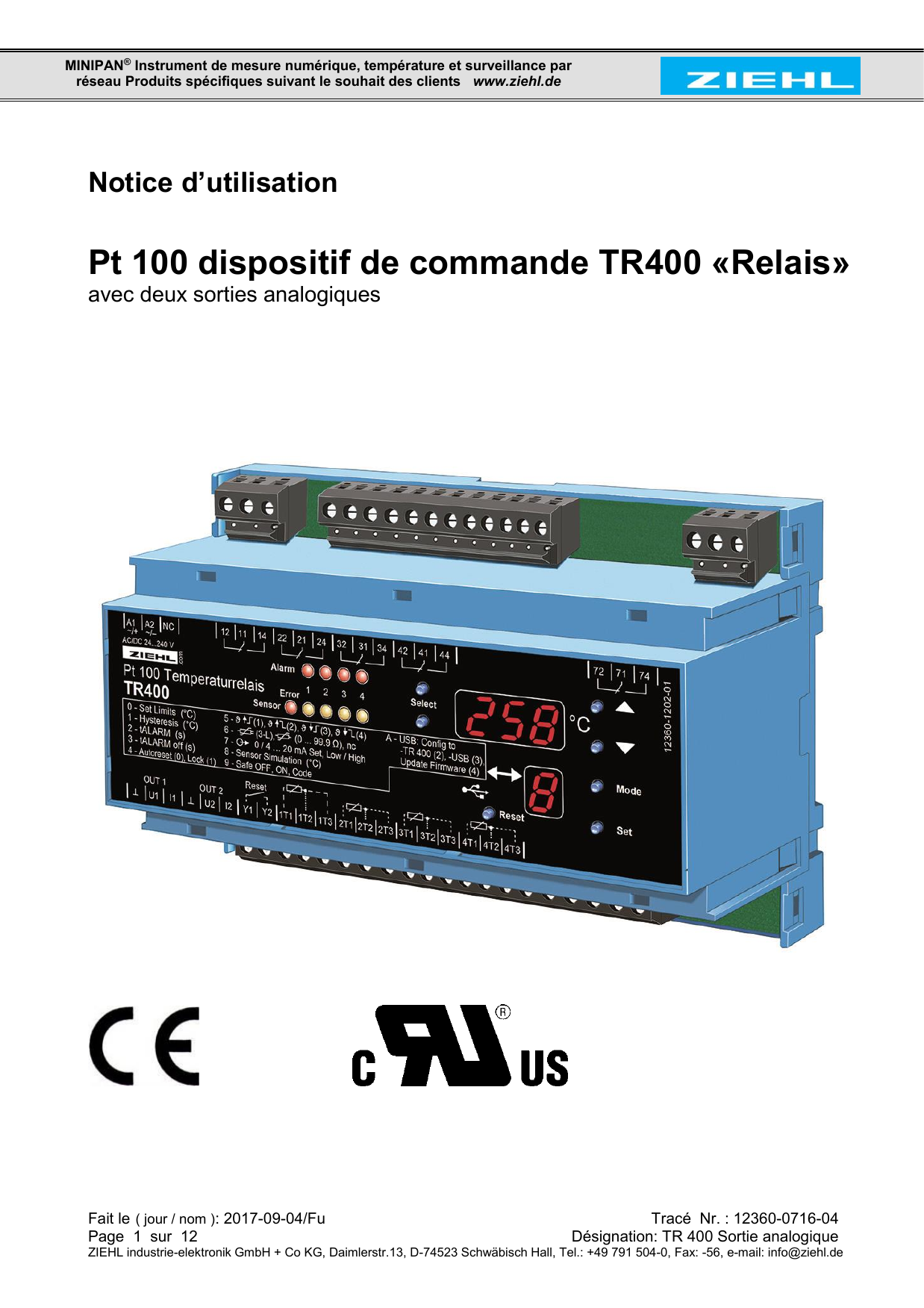 ZIEHL TR400 Mode d'emploi Manualzz
