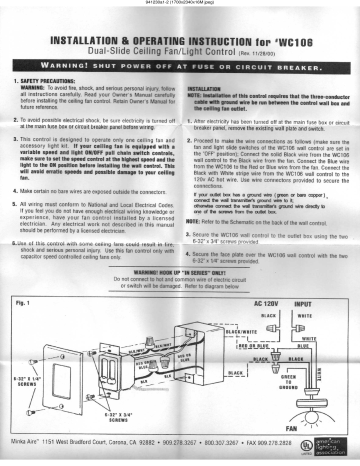 Minka Aire Wc106 Wh Wall Mount Fan Control Instruction Manual Manualzz - Minka Aire Wall Control Instructions