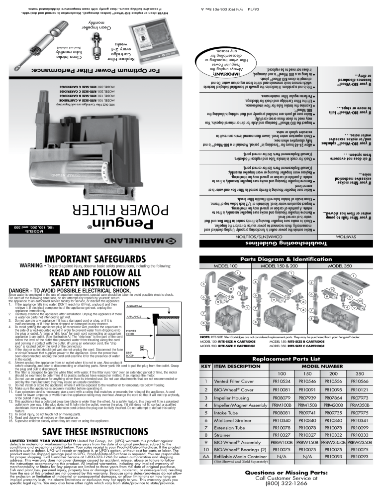 Marineland PF0350B, PF0200B, PF0100B, MarineLand Penguin 100 Power