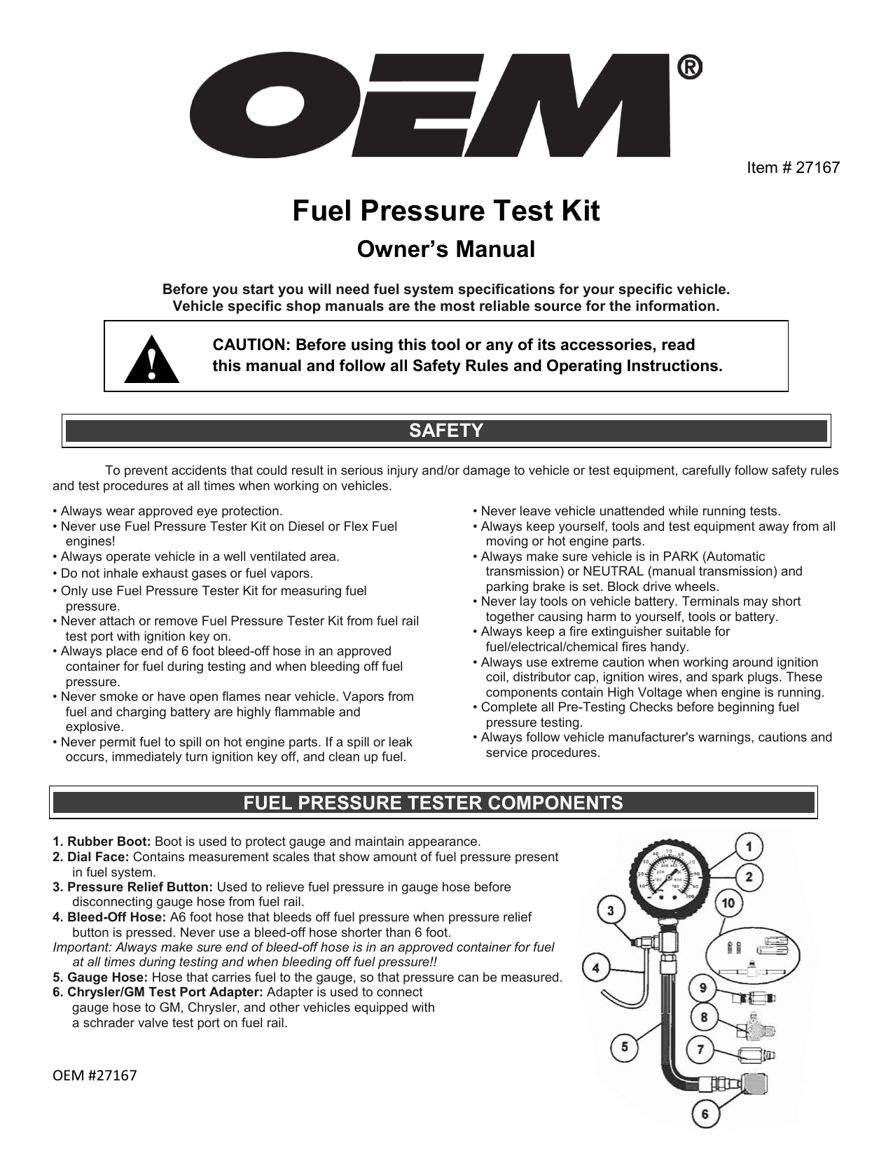 OEM TOOLS 27167 Fuel Pressure Tester User Manual | Manualzz