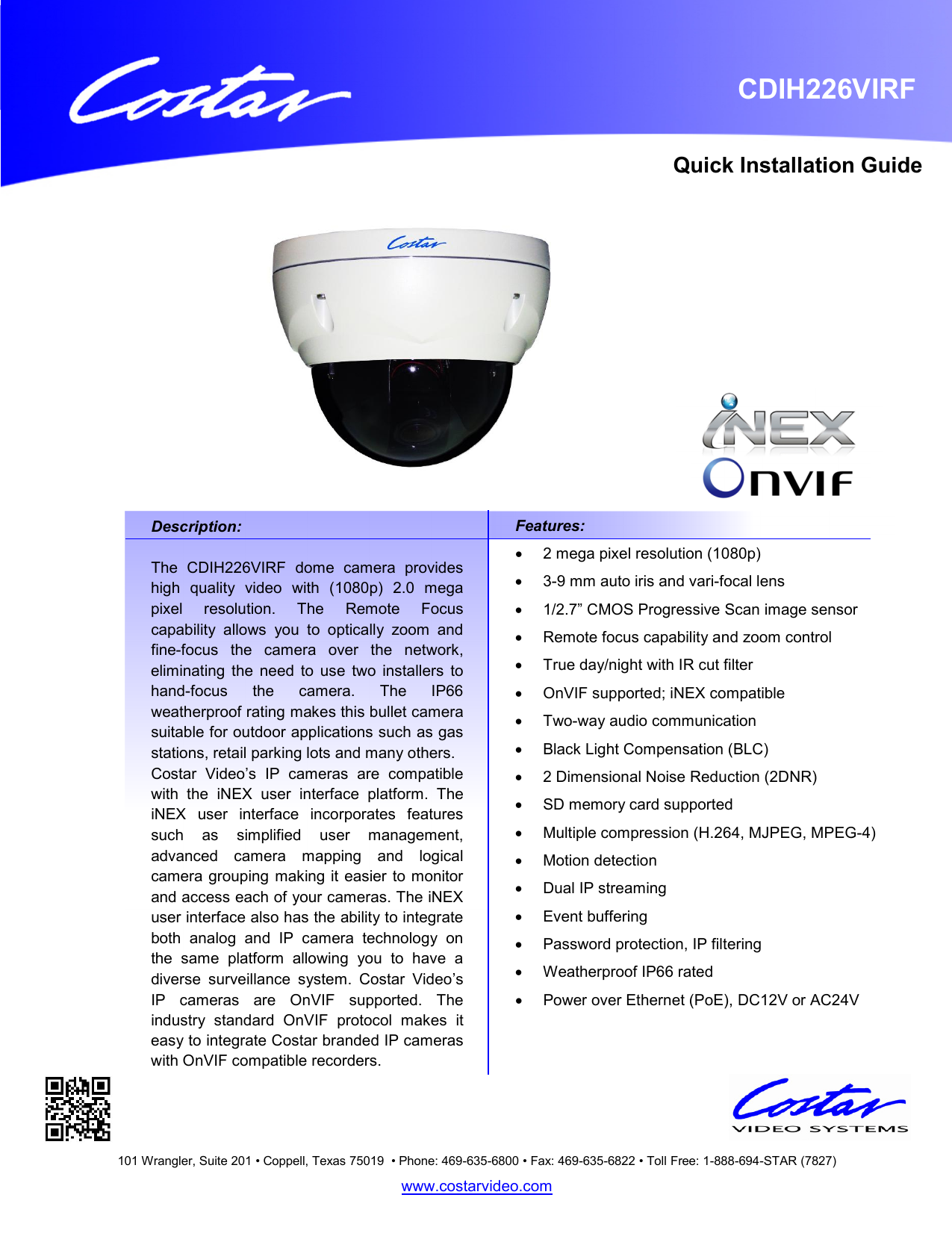 Costar CDIH226VIRF Dome Camera Quick Start Guide Manualzz