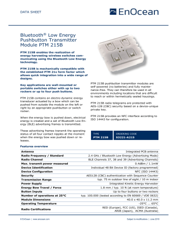 EnOcean PTM 215B Wireless Switch & Sensor Module Datasheet | Manualzz