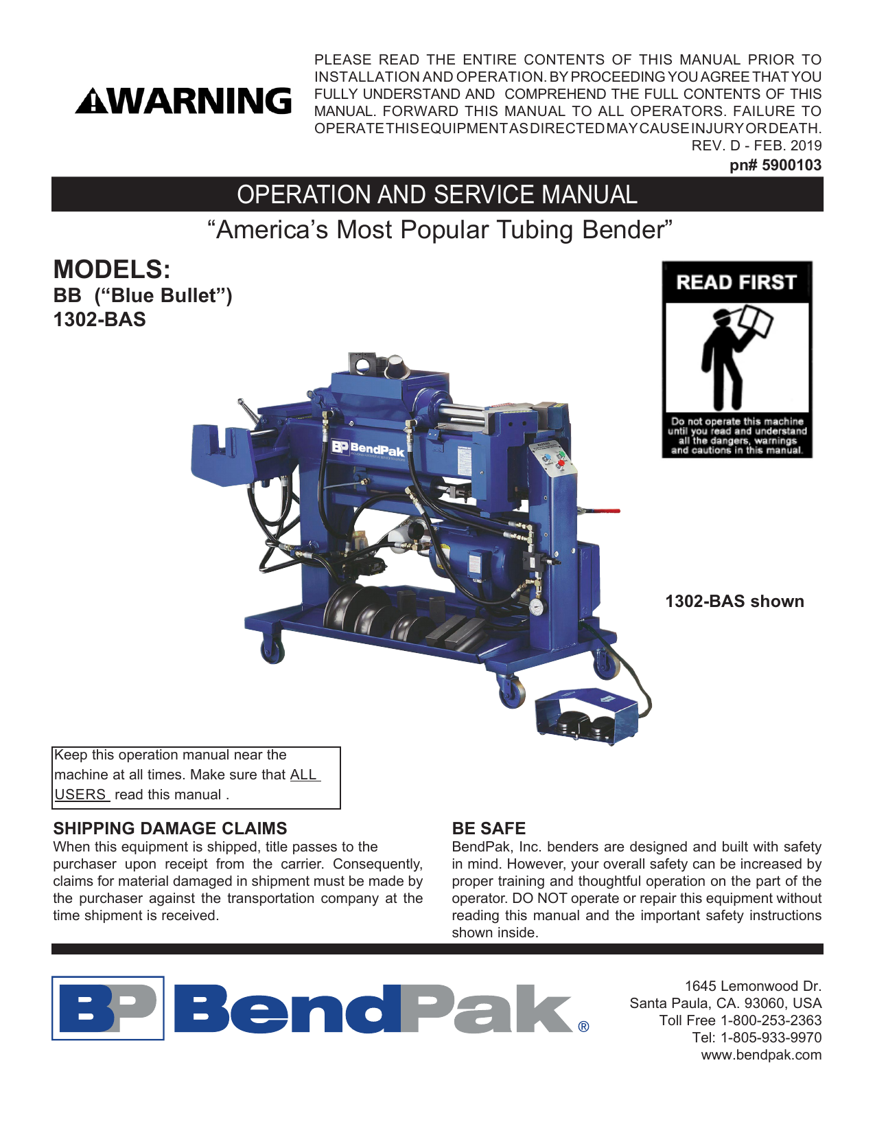 BendPak 1302BAS Pipe Bender Product Manual Manualzz