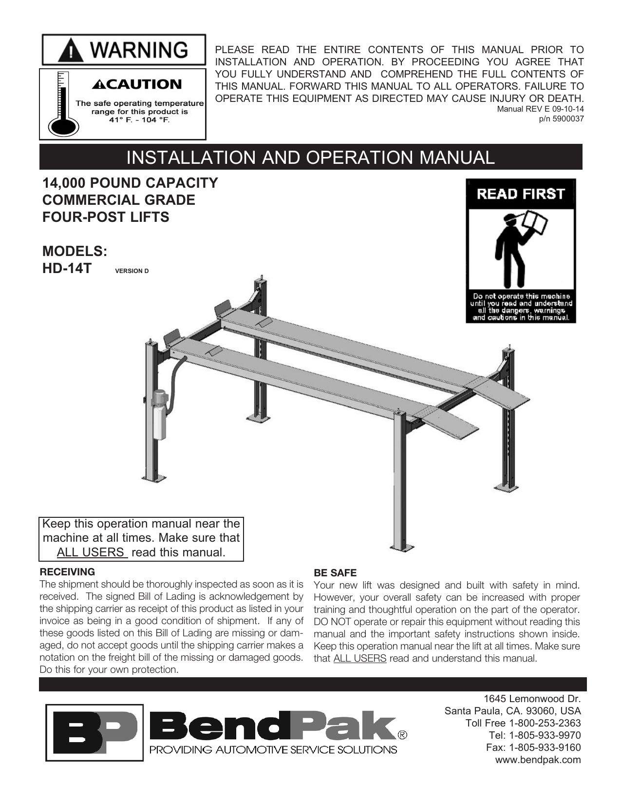BendPak HD14T Four Post Lift Product Manual Manualzz