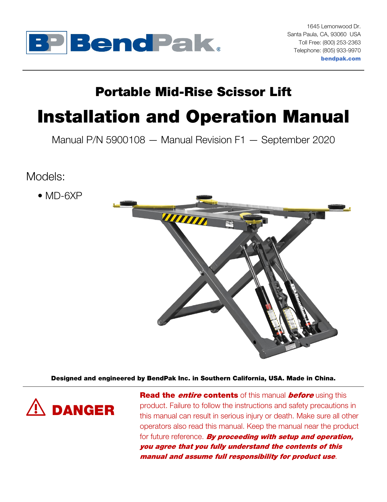 BendPak MD6XP Portable Mid Rise Lift Product Manual Manualzz