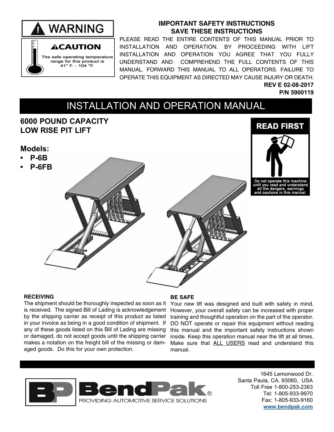 BendPak P6LowRisePitLift Product Manual Manualzz