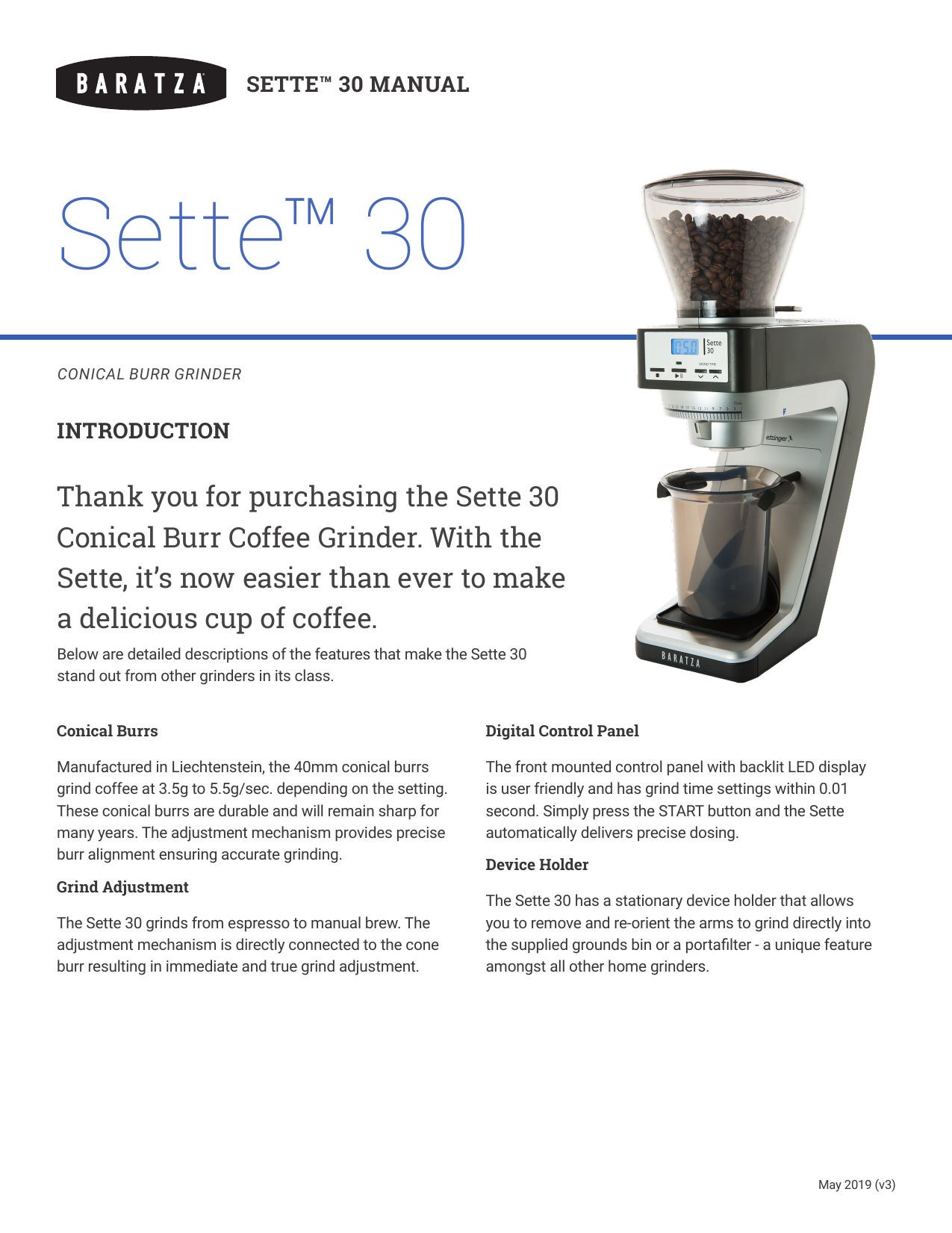 Baratza Sette 30 Grinder Owner's Manual 
