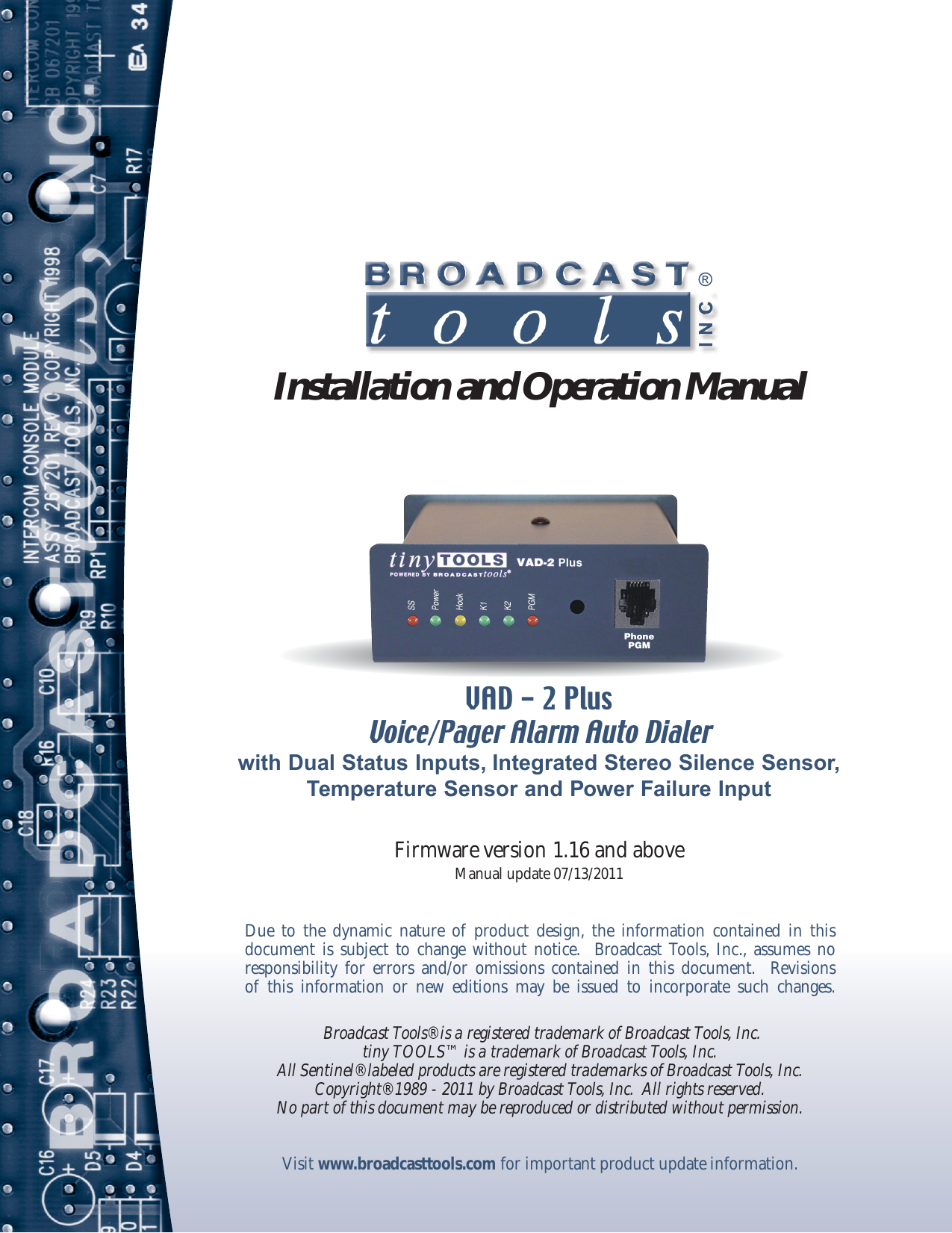 Broadcast Tools VAD2 Plus Voice Alarm Dialer Plus Owner's Manual