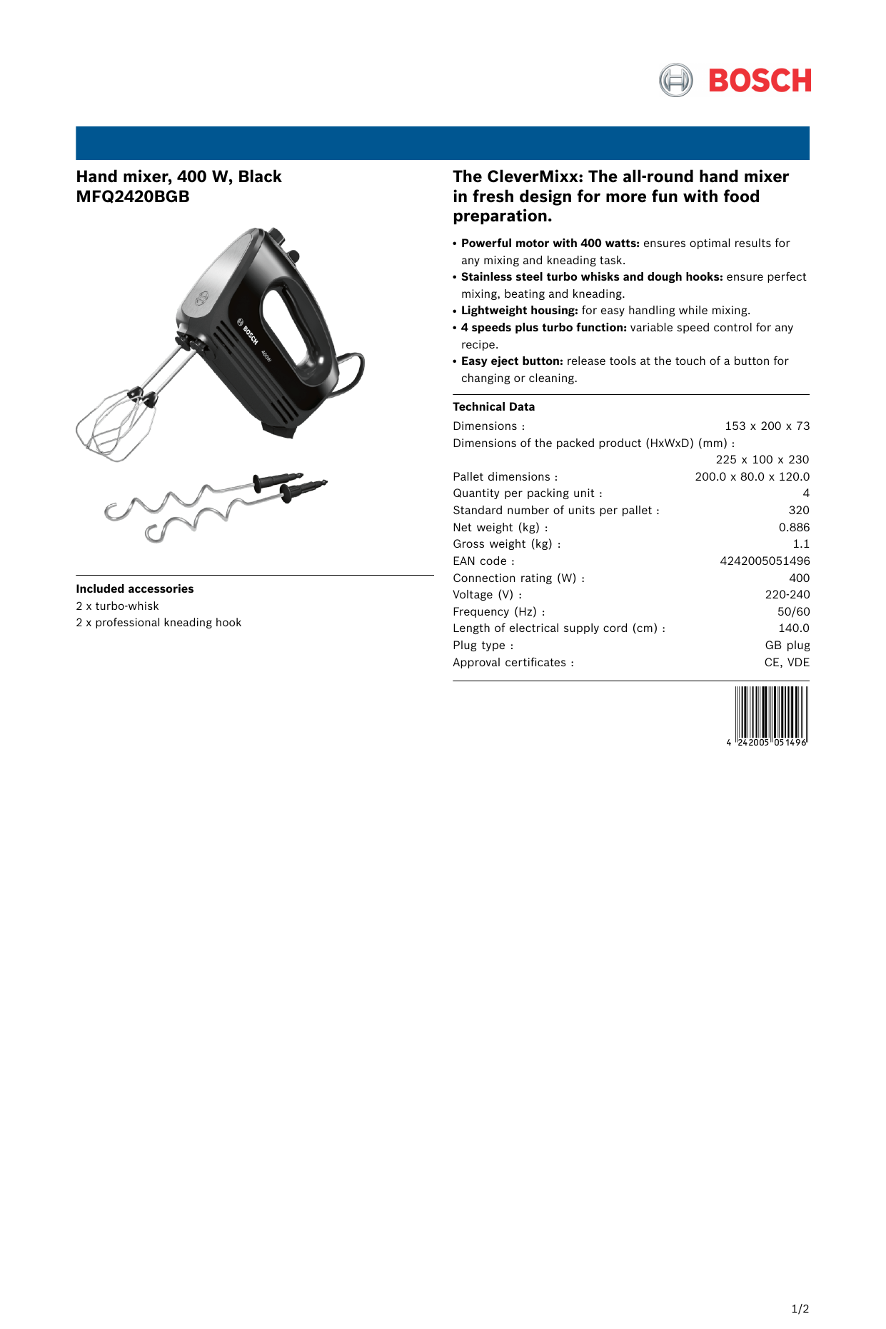 Bosch MFQ2420BGB Black 400 W Hand mixer 